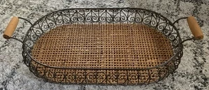 Wicker Rattan Rectangular Serving Tray Metal Frame Wood Handles 25.5”x13”x3.5” - Picture 1 of 4