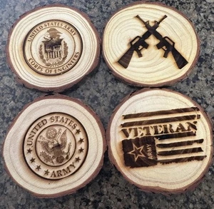 Militär Veteran US Army Kiefernholz Untersetzer 4er Set Lasergravur - Bild 1 von 7