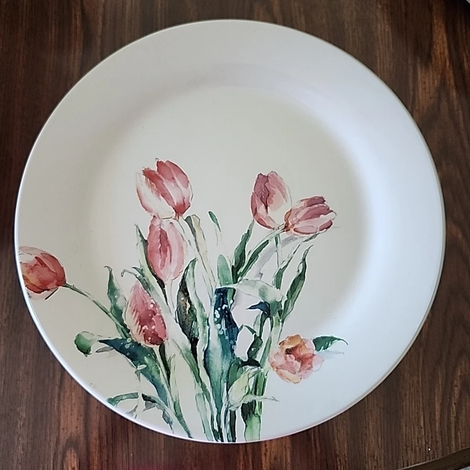 Pier 1 Imports Floral Tulip Ironstone 9" Salad Plate Set Of 6 Retired VGUC - Image 1 of 4