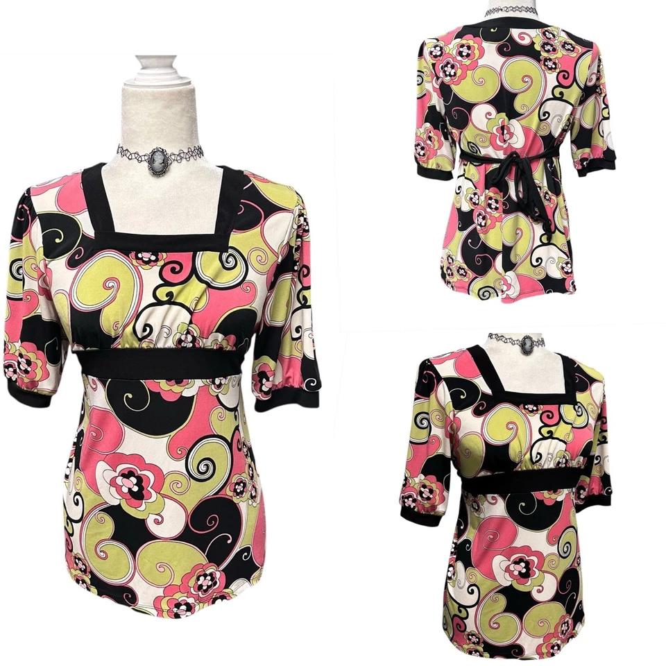 Boneca bebê vintage Y2K feminina tamanho 14-16 psicodélica retrô gola quadrada manga curta - Imagem 1 de 4