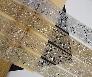FCL Indian lace Trim 1 Yrd 7 cm Hollow Metallic Embellishment Stone Kundan Sewon - Picture 1 of 18