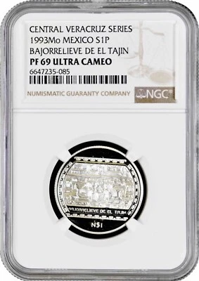 México 1 peso 1993, NGC PF69 UC, "Veracruz - Bajorrelieve del Tajin" plata Foto 1 de 2