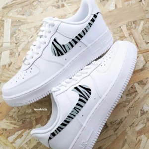Air Force 1 Low Custom White Shoes Retro Gray Safari Zebra Black Stripe Swooshes - Picture 1 of 17