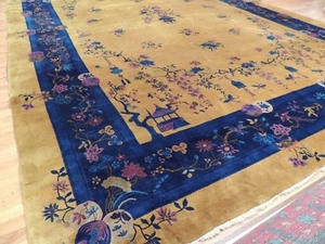 Antique 12x17 Art Deco Chinese Rug Gold Yellow Navy Purple RARE butterflies wool - Picture 1 of 12