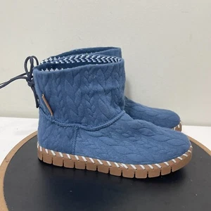 Muk Luks Flexi Hoboken Boot Women 8.5 Blue Knit Ankle Faux Fur Cozy Winter Grip - Picture 1 of 11