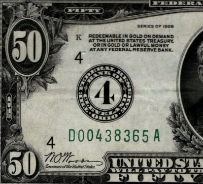 FR. 2100-D 1928 $50 FRN GOLD ON DEMAND CLEVELAND NUMERAL #4 PMG 45 EPQ (BDJ) - Image 1 of 4