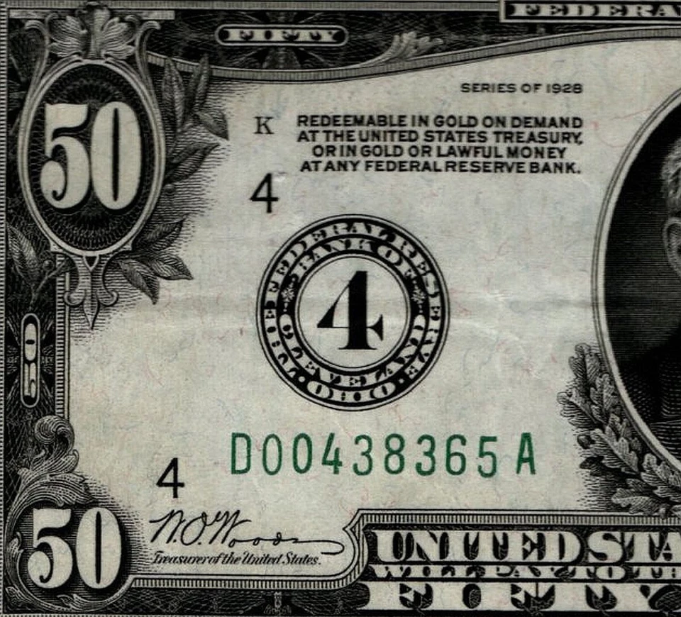 FR. 2100-D 1928 $50 FRN GOLD ON DEMAND CLEVELAND NUMERAL #4 PMG 45 EPQ (BDJ) - Image 1 of 4