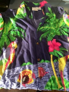 Basix Hawaiian Shirt Jammin Palm Trees Parrots Fish Men’s XXL VTG Ocean EUC Blue - Picture 1 of 7