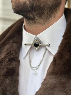 Королевский стиль черный оникс цветочный цепочка свадьбы мужчин костюм воротник зажим в 935 серебро - Изображение 1 из 4