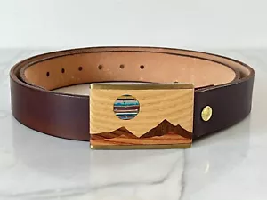 SKY WEST Belt Buckle Solid BRASS Wood Inlay -Albuquerque NM Leather Belt Moon - Picture 1 of 7