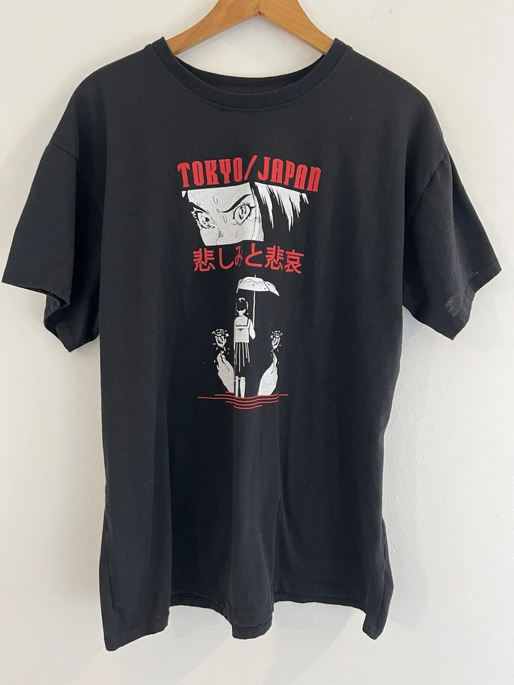 Brisco Tokyo Japan Shirt Adult XL  Black Anime Girl Eyes Umbrella Rose Cotton - Image 1 of 4