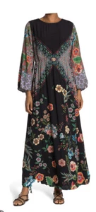 NUEVO CON ETIQUETAS $345 JOHNNY WAS Vestido Freya Negro Panel Floral MAXI Largo Slv Mujeres XSmall B8 - Imagen 1 de 12