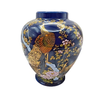 Jarrón japonés de colección azul cobalto pavo real Sakura flor de cerezo detalles dorados firmado - Imagen 1 de 23