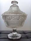 01 ANTIQUE PORTUGUESE  CLEAR  GLASS PATTERN GLASS COVERED COMPOTE