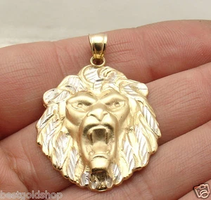 Mens Two-Tone Lion Head Charm Pendant Real Solid 10K Yellow White Gold - Picture 1 of 5