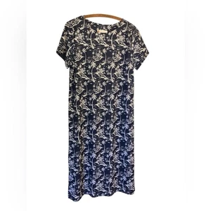 Jude Connally Maxi Dress Size L Tropical Palm Trees Navy Blue Vacation - Picture 1 of 8