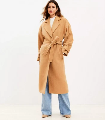 NOVO TRENCH COAT ANN TAYLOR LOFT $210 CAMELO MODERNO GRAVATA CINTURA LÃ MISTURA TAMANHO XL - Imagem 1 de 3