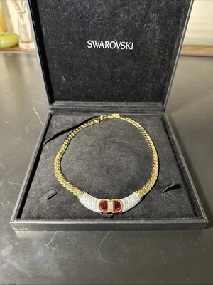 "Collar Swarovski de diamantes de imitación rojos y transparentes tono dorado con caja ~ 17""" Foto 1 de 4