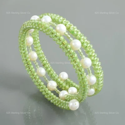 925 Sterling Silver August Round Peridot Stone Chain 3 Wrap Memory Wire Bracelet - Image 1 of 4