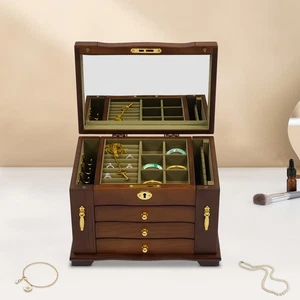 4 Tier Retro Lockable Jewelry Box Solid Wood Earrings Necklace Storage Organizer - Picture 1 of 14