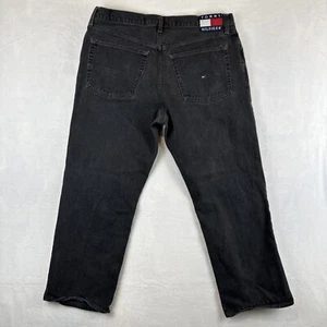 VTG Tommy Hilfiger Jeans 38x30 Black Y2K Skater Big Flag Streetwear Fits 37x28 - Picture 1 of 10