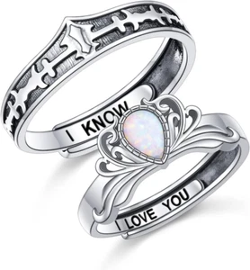 S925 Sterling Silver Couple Rings Set Adjustable Matching Rings Engagement Promi - Picture 1 of 8