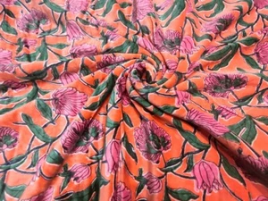 Indian Floral Print Velvet Hippie Upholstery Soft Orange Dress Making Fabric - Picture 1 of 6