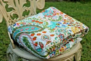 Indian Kantha Quilt Queen Paisley Print Handmade Throw Blanket Bedding Bedspread - Picture 1 of 4
