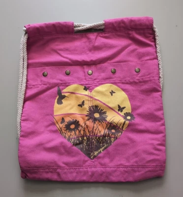 Life is Good Bright Pink Canvas Backpack Rope Straps Heart Flowers Purse - Image 1 of 4