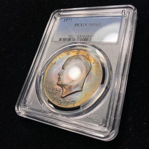 1977 Eisenhower Ike Dollar RAINBOW TONED PCGS MS65 BU Unc COLOR S$1 Cover