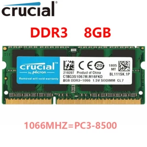 CRUCIAL DDR3 8GB 16GB 1066 MHz PC3-8500 Laptop SODIMM 204-Pin Memory RAM 8G 16G - Picture 1 of 13