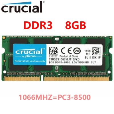 CRUCIAL DDR3 8GB 16GB 1066 MHz PC3-8500 Laptop SODIMM 204-Pin Memory RAM 8G 16G - Image 1 of 4