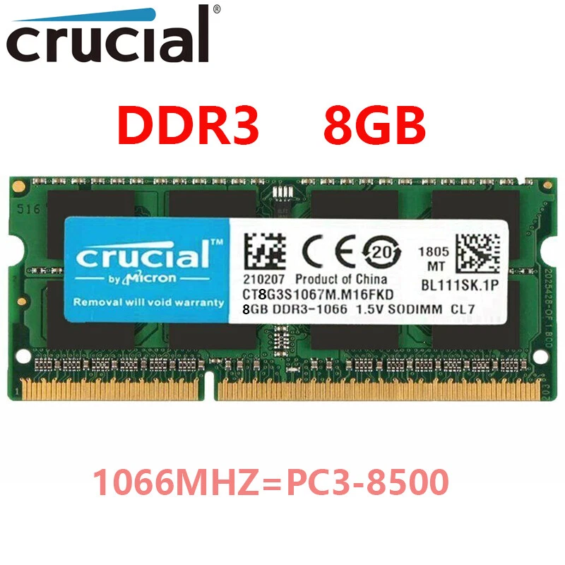 CRUCIAL DDR3 8GB 16GB 1066 MHz PC3-8500 Laptop SODIMM 204-Pin Memory RAM 8G 16G - Image 1 of 4