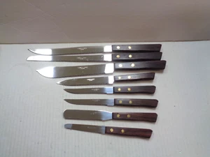 VINTAGE MESSER SET KONVOLUT (8) VERSCHIEDENE BRAUNE HOLZGRIFFE EDELSTAHL JAPAN - Bild 1 von 9
