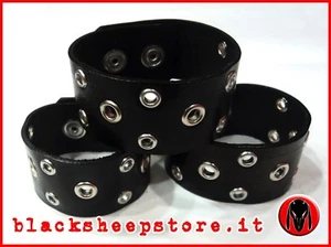 Bracciale in cuoio con occhielli in metallo 3 cm Made in Italy rock biker moto - Picture 1 of 4