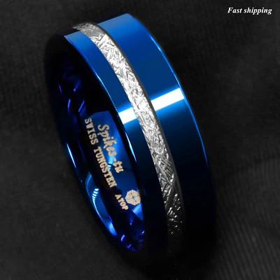 8mm Blue Polished Tungsten Ring Off Center 925 Silver Men's Wedding Band Ring - Image 1 of 4