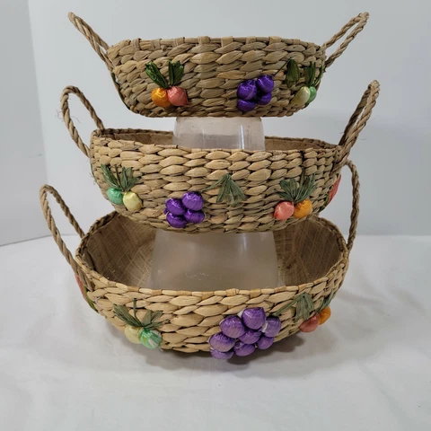 Vintage Woven Straw Raffia Basket w/Fruit Grapes Watermelon Veggies Set of 3 Cover