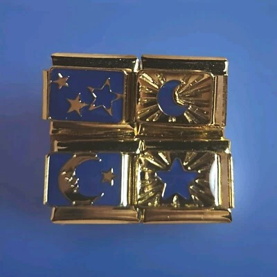 Four Gold Celestial Italian Charms For Bracelet Sun Moon Stainless Steel 9mm - Image 1 of 4