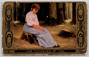 Postcard I Am Thinking of You Young Lady Sitting on a Tree Stump Forest - Picture 1 of 2
