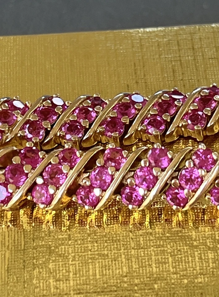 Lab-Created Raspberry 粉色蓝宝石 5.4 克拉 8 英寸意大利 GB/925 银色手链 — 第 1/4 张图片