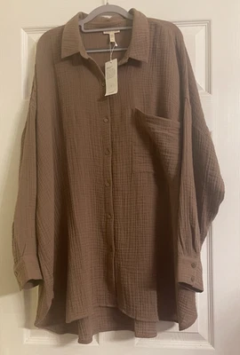 NWT $168 Eileen Fisher Cocoa Organic Cotton Lofty Gauze Long Shirt 2X 3X - Image 1 of 4