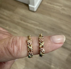 10k Gold & Rose Gold Small Hoop Earrings Rose & Leaf Detail - Picture 1 of 9