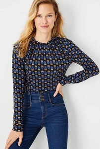 Blusa modal stampa floreale Ann Taylor nera blu oro taglia L pullover nuova con etichetta - Foto 1 di 9