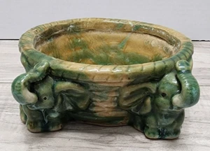 Pottery Art Baby Elephants Planter Lucky Trunk Up Drip Glazed Bamboo Succulents - Picture 1 of 9