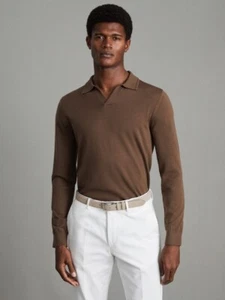 Camisa Polo REISS Milburn Lana Merino Media Cremallera Top Jersey en Marrón Necana Talla L - Imagen 1 de 6