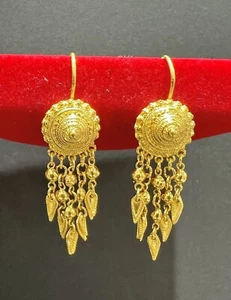 24K Solid Yellow Gold Thai/Lao/Hmong Style Dangle Hook Earrings - Picture 1 of 24