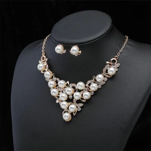 Charm White Pearl Elegant Collar Necklace Earring Wedding Party Jewelry Set Gift - Picture 1 of 6