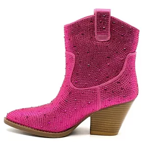 Forever Cowboy Western Ankle Boots Rhinestone Bling Booties River01 Pink Fuchsia - Picture 1 of 3