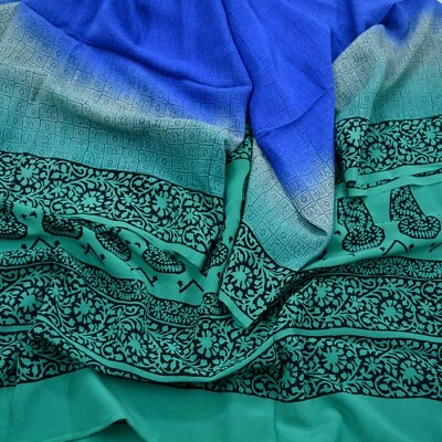Estola larga Dupatta azul y verde vintage Pura seda crepé estampada Dupatta Velo Foto 1 de 4