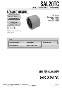SONY A-Mount SAL20TC (2x Teleconverter) Camera Lens Service Repair Manual PDF - Picture 1 of 2
